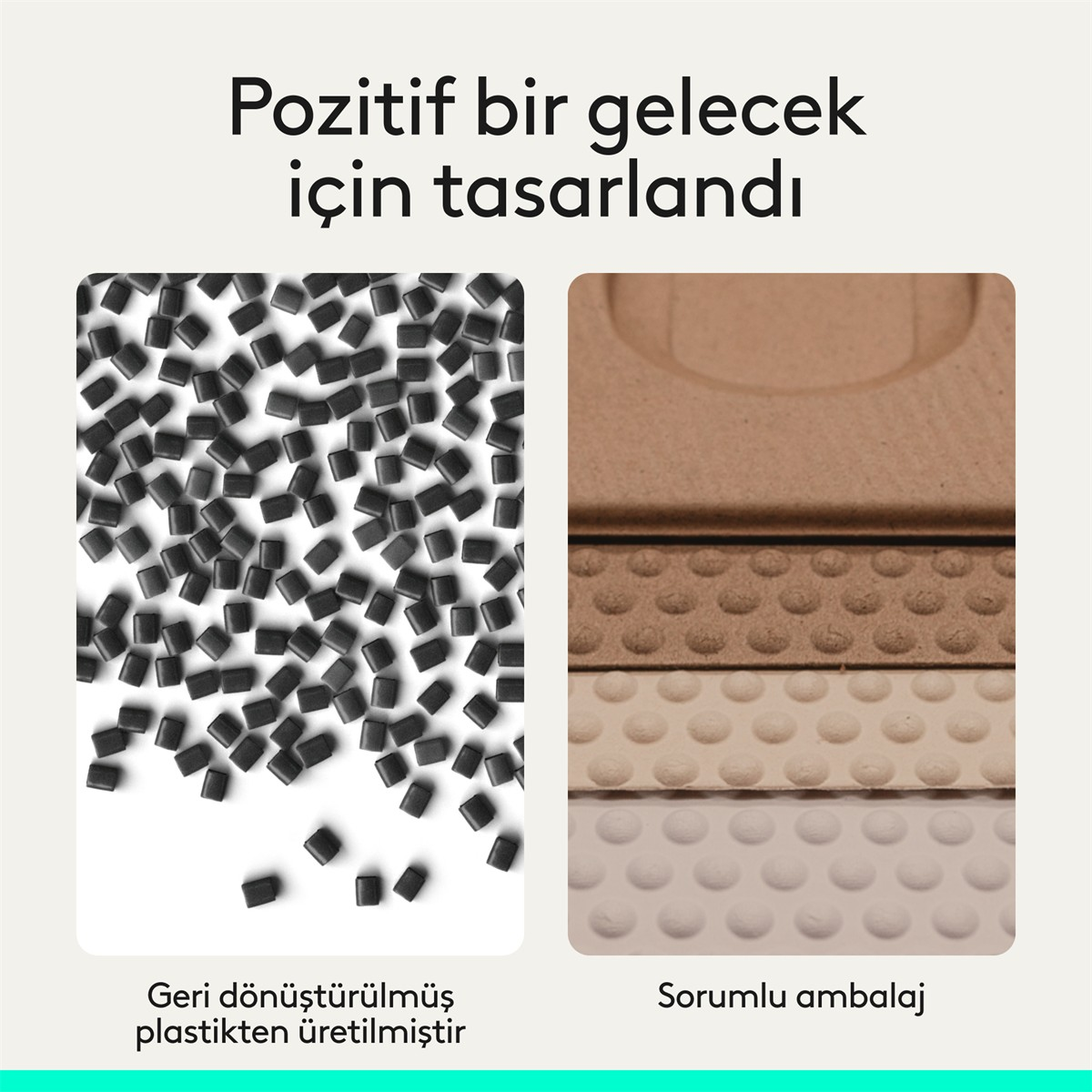 Solda siyah granüller, sağda kahverengi ve bej ambalaj örnekleri.
