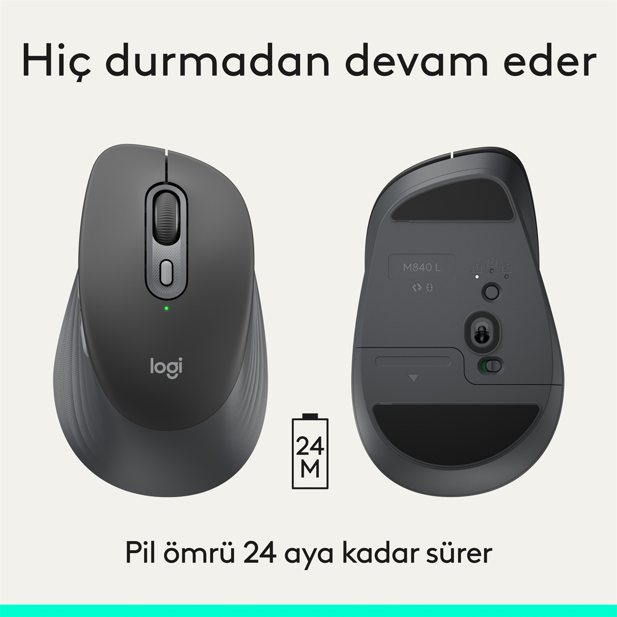 Gri Logitech fare, üst ve alt görünümler, 24M pil simgesi ile.