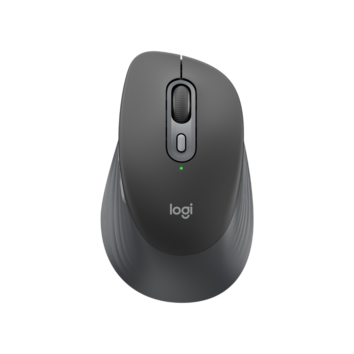 Gri Logitech fare, kaydırma tekerleği ve yeşil ışık. Beyaz arka plan.