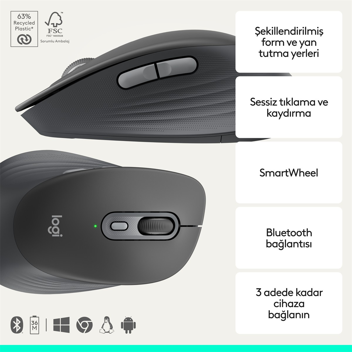 Ergonomik gri Logitech fare, kaydırma tekerleği. Solda %63 geri dönüştürülmüş plastik.