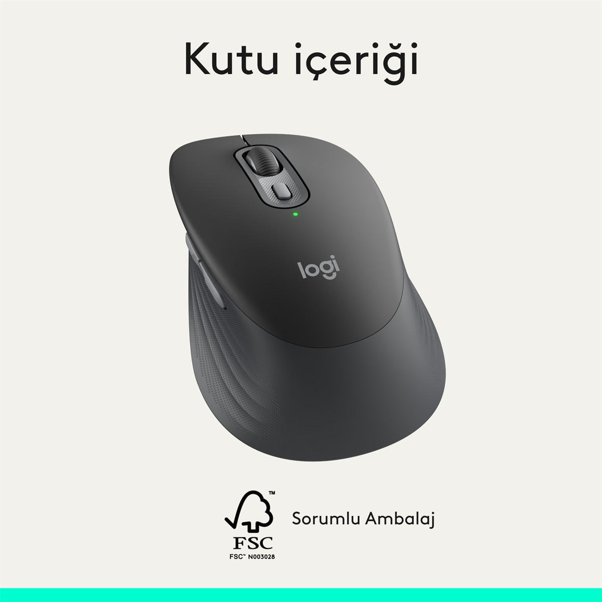 Kaydırma tekerlekli ve yeşil ışıklı gri Logitech fare. Altta FSC logosu.