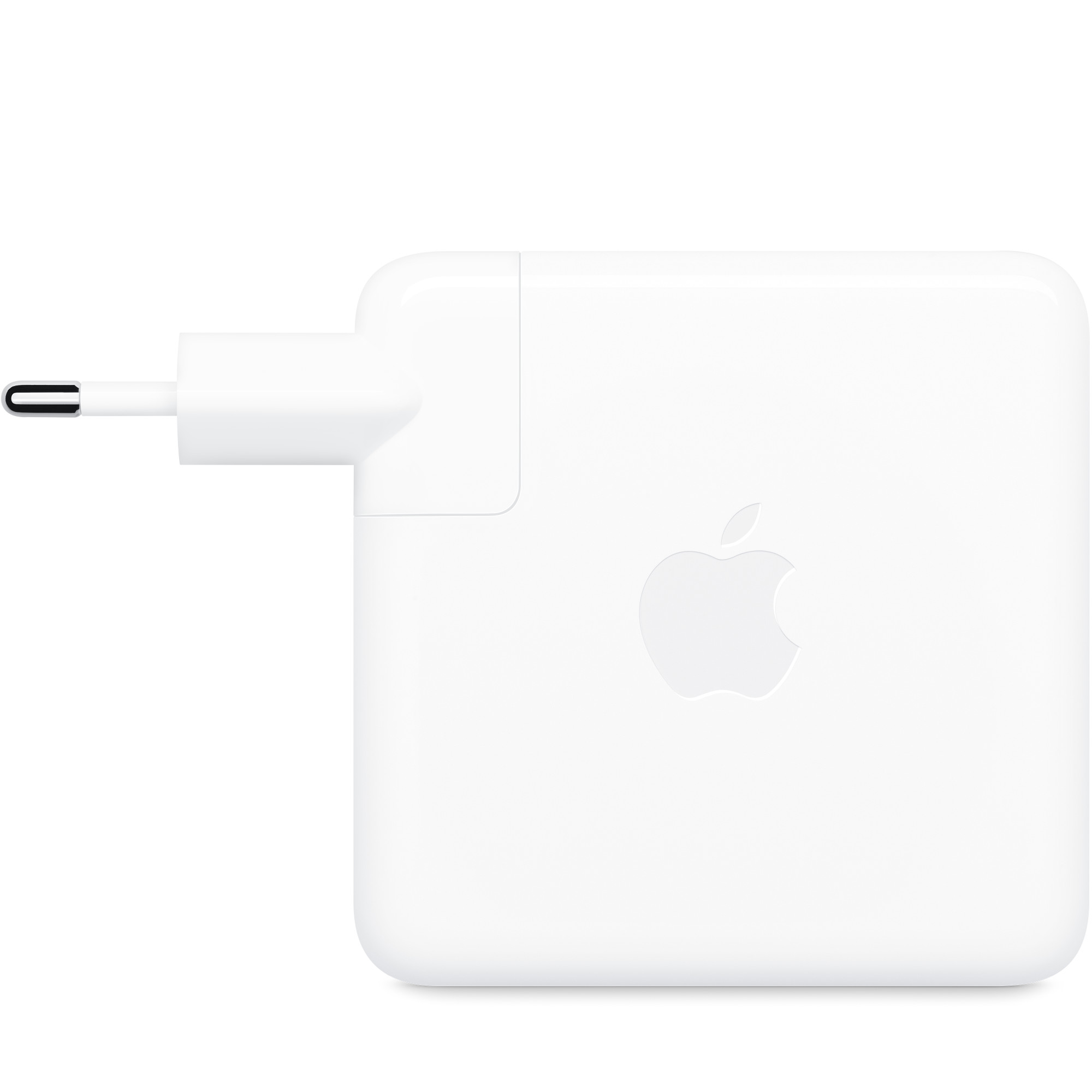USB-C bağlantı noktasına ve Apple logosuna sahip beyaz Apple şarj cihazı.