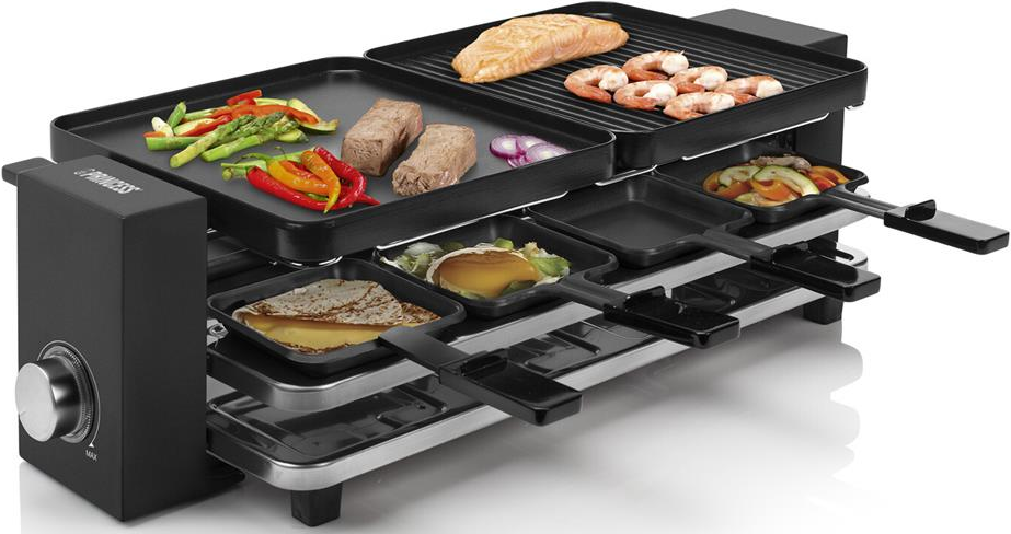 Una griglia raclette nera con cibo, tra cui salmone, gamberi, carne, verdure e crepes.