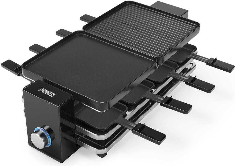 Una griglia raclette elettrica nera a due livelli con quattro padelle.