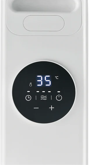 Un dispositivo bianco con display digitale che mostra 35°C.