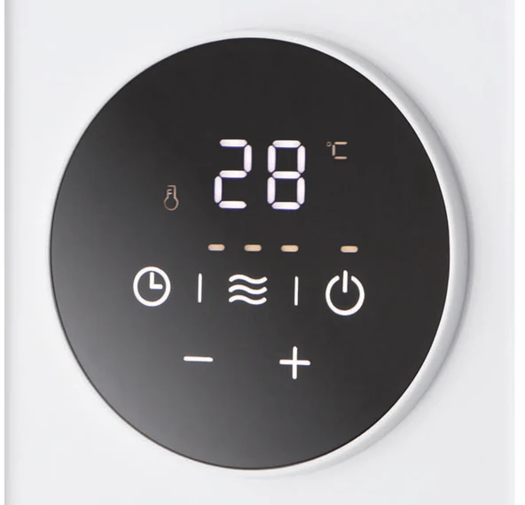 Display digitale mostra 28 gradi Celsius con icone timer, calore, accensione.