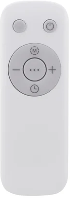 Un telecomando bianco con pulsanti di accensione e volume.