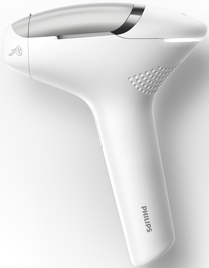 Ein weißes IPL-Haarentfernungsgerät mit silbernen Akzenten und dem Philips-Logo.