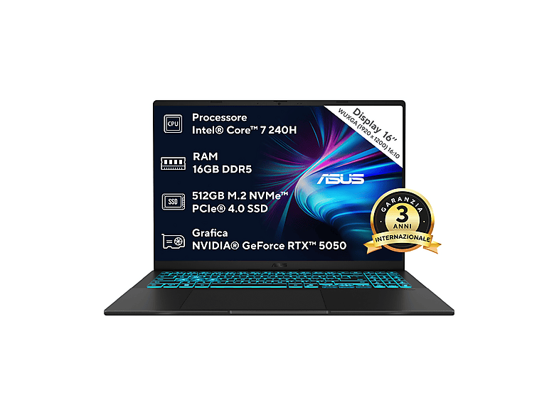 ASUS V16 V3607 Notebook Gaming, 16 ", processore Intel® Core 7 240H, NVIDIA GeForce RTX™ 5050, RAM GB, 512 GB SSD, Black, Windows 11 Home