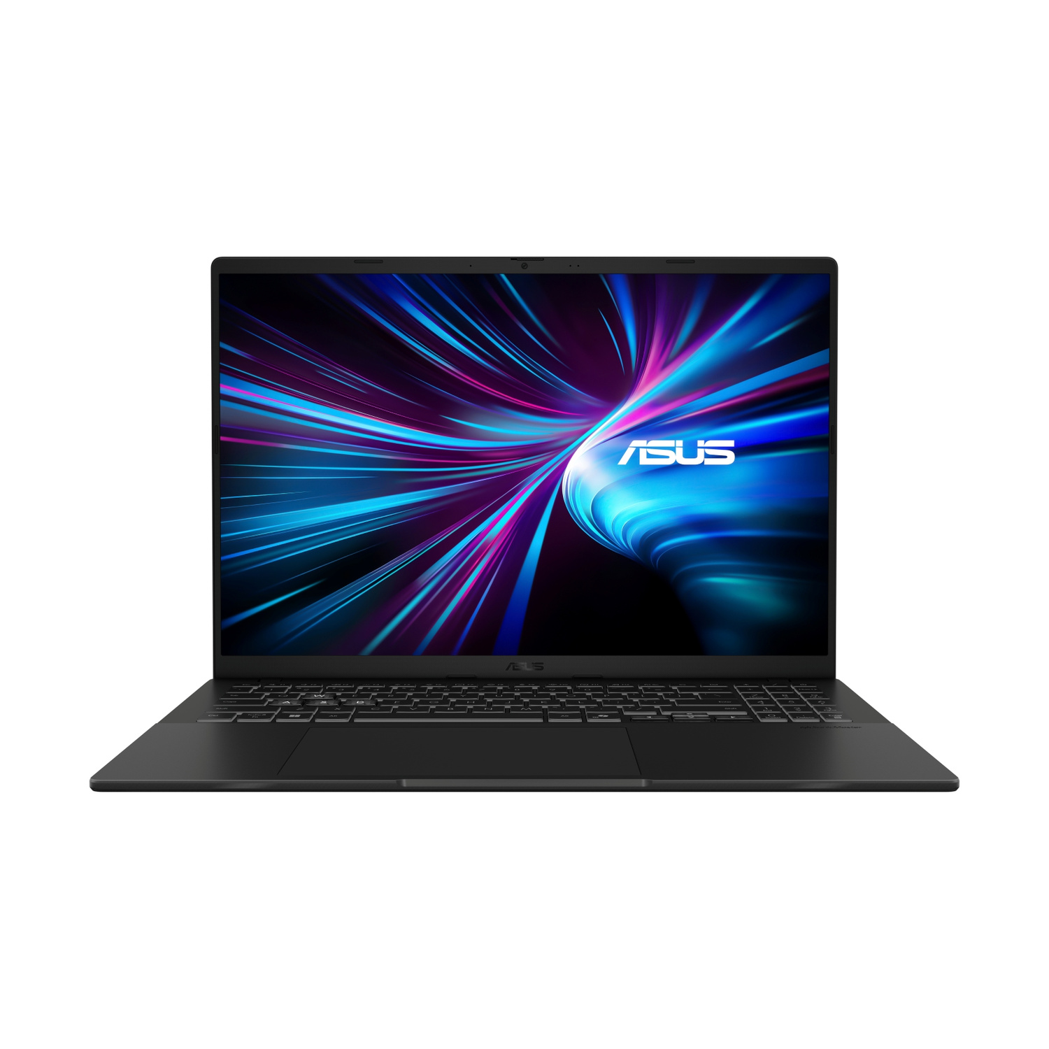 Un laptop nero aperto con uno sfondo astratto e vibrante sullo schermo.