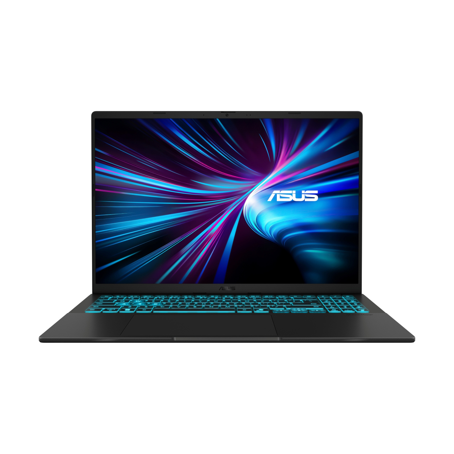 Laptop nero con tastiera illuminata blu e sfondo astratto sullo schermo.