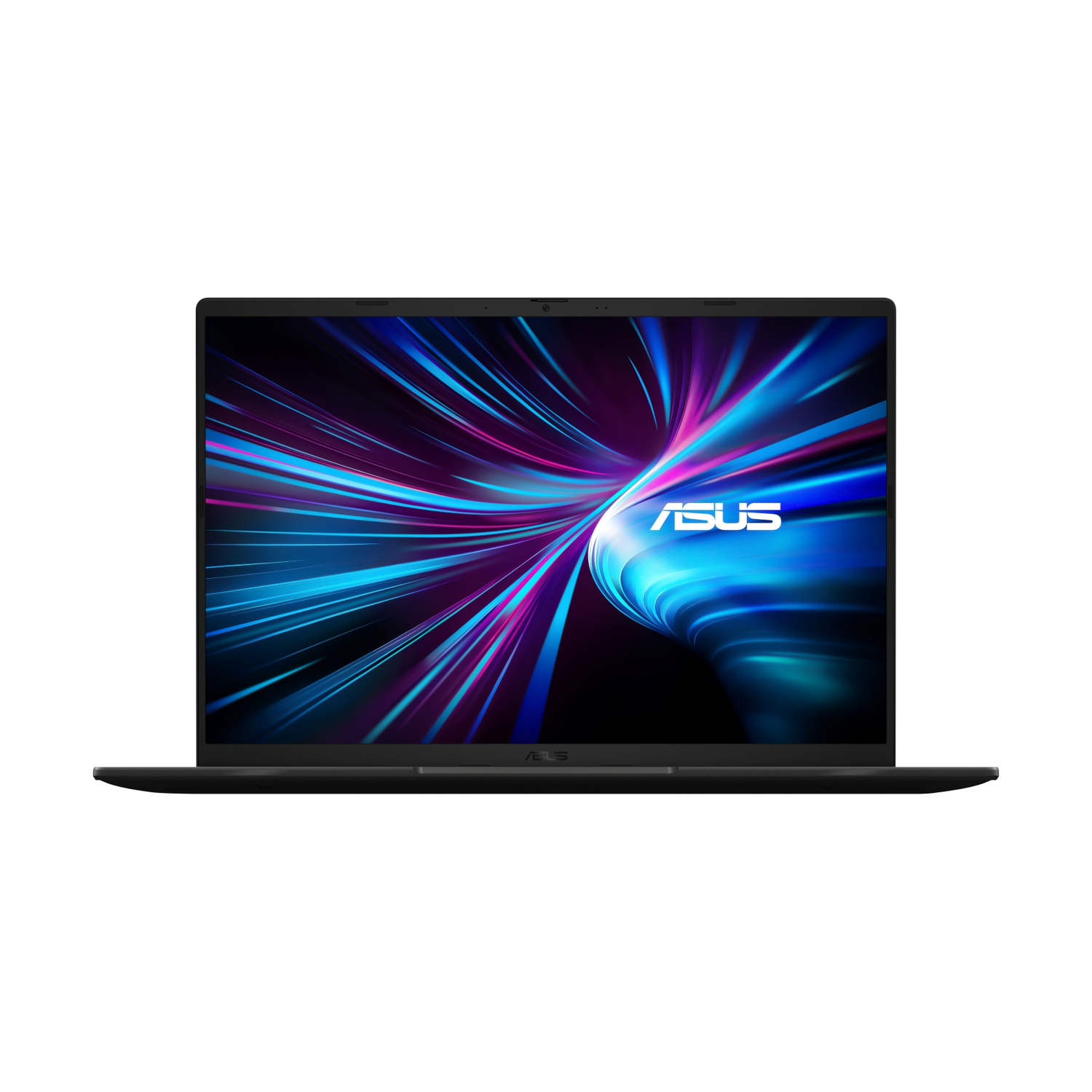Un laptop nero mostra uno sfondo astratto colorato sul suo schermo.