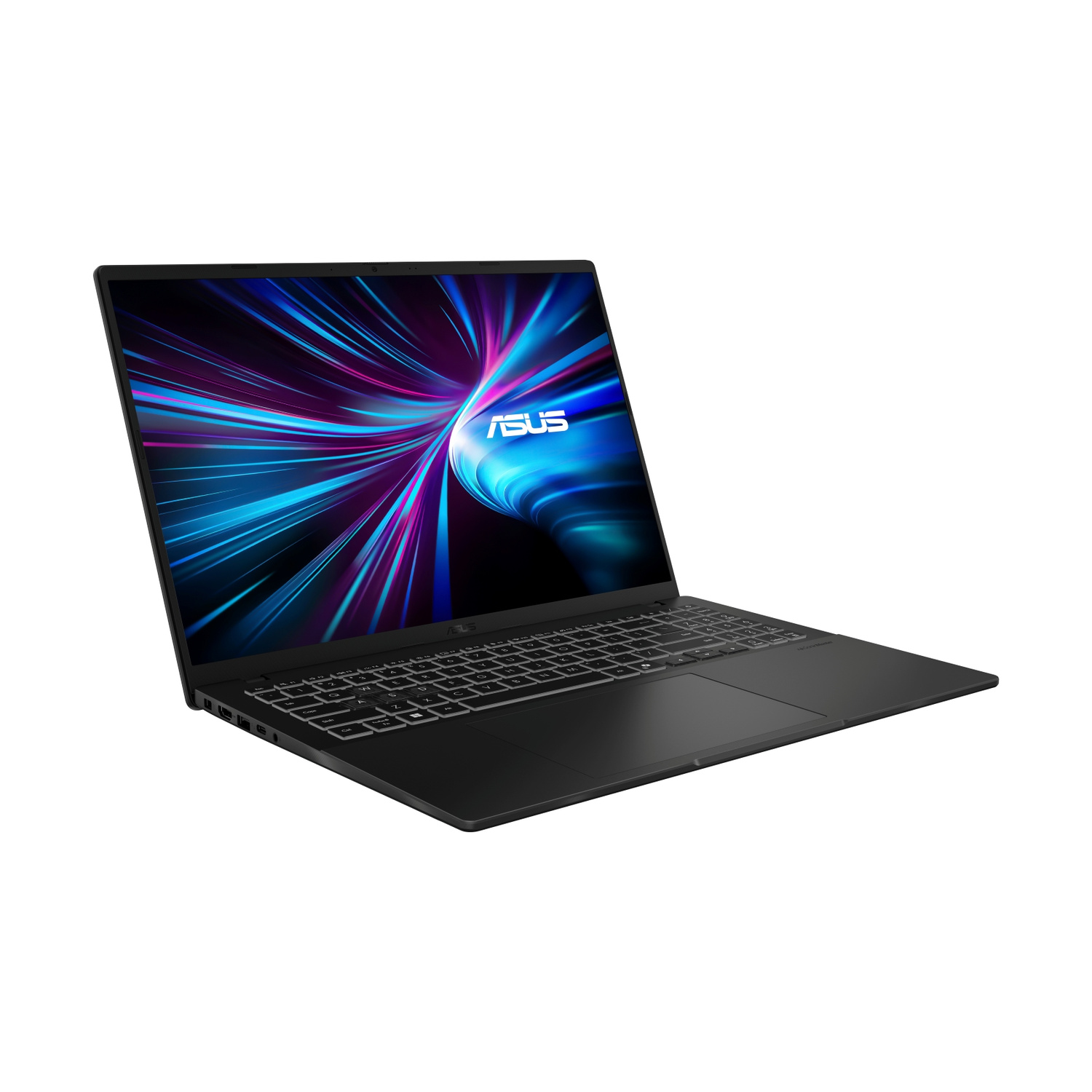 Un laptop Asus nero è aperto, con uno sfondo astratto vibrante sullo schermo.