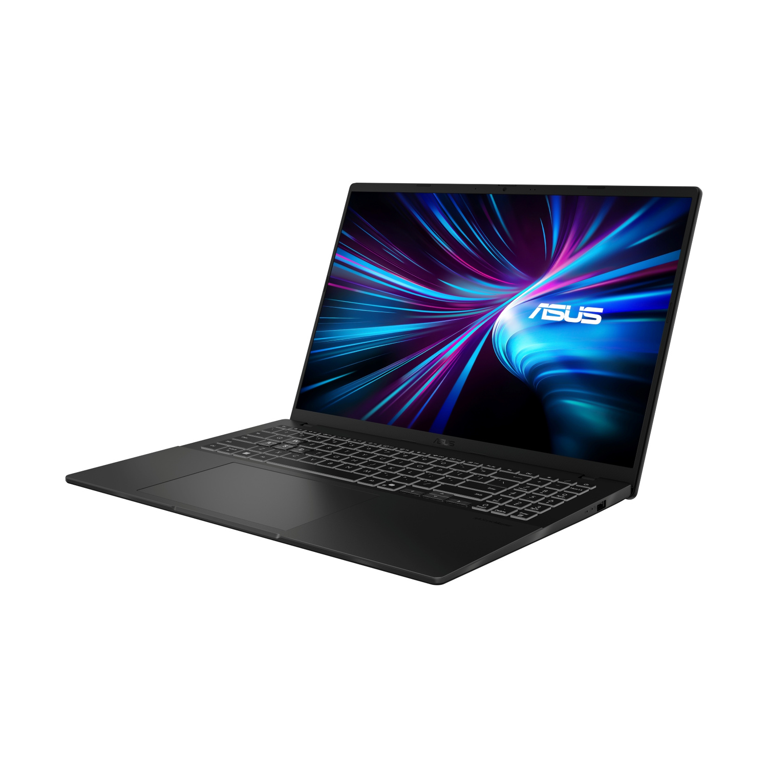Un laptop ASUS nero con tastiera retroilluminata e sfondo colorato sullo schermo.