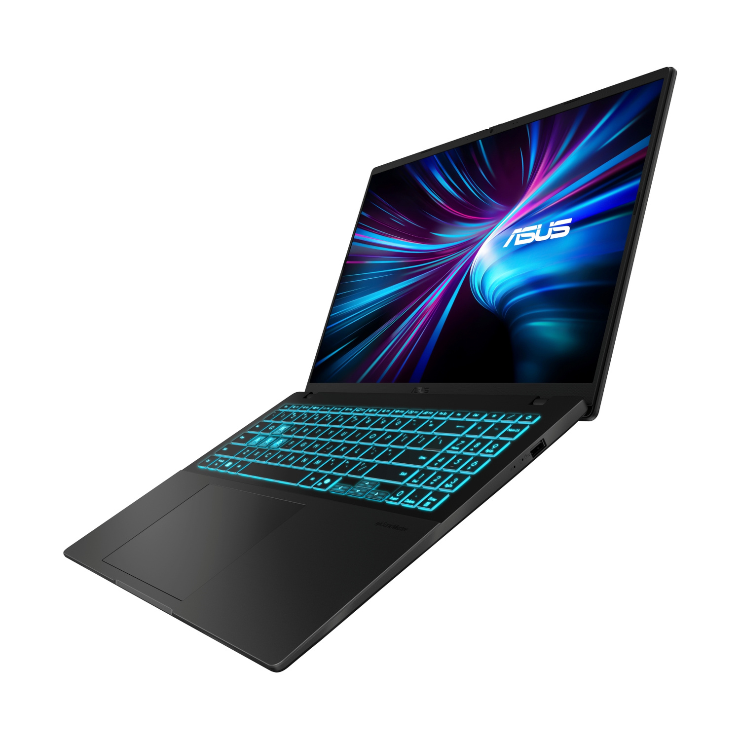 Laptop nero con tastiera blu illuminata e logo ASUS sullo schermo.