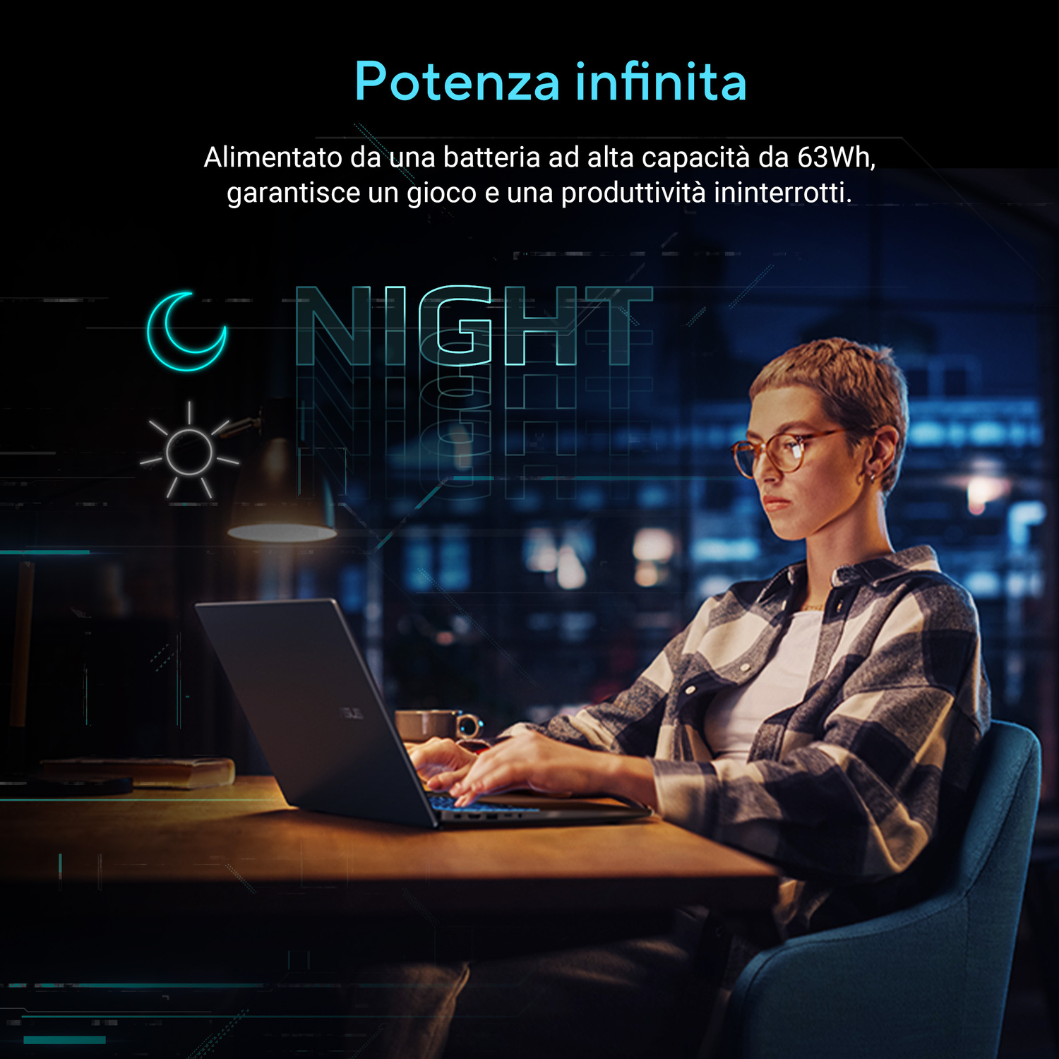 Una donna lavora al laptop di notte, con 'NIGHT' visualizzato.