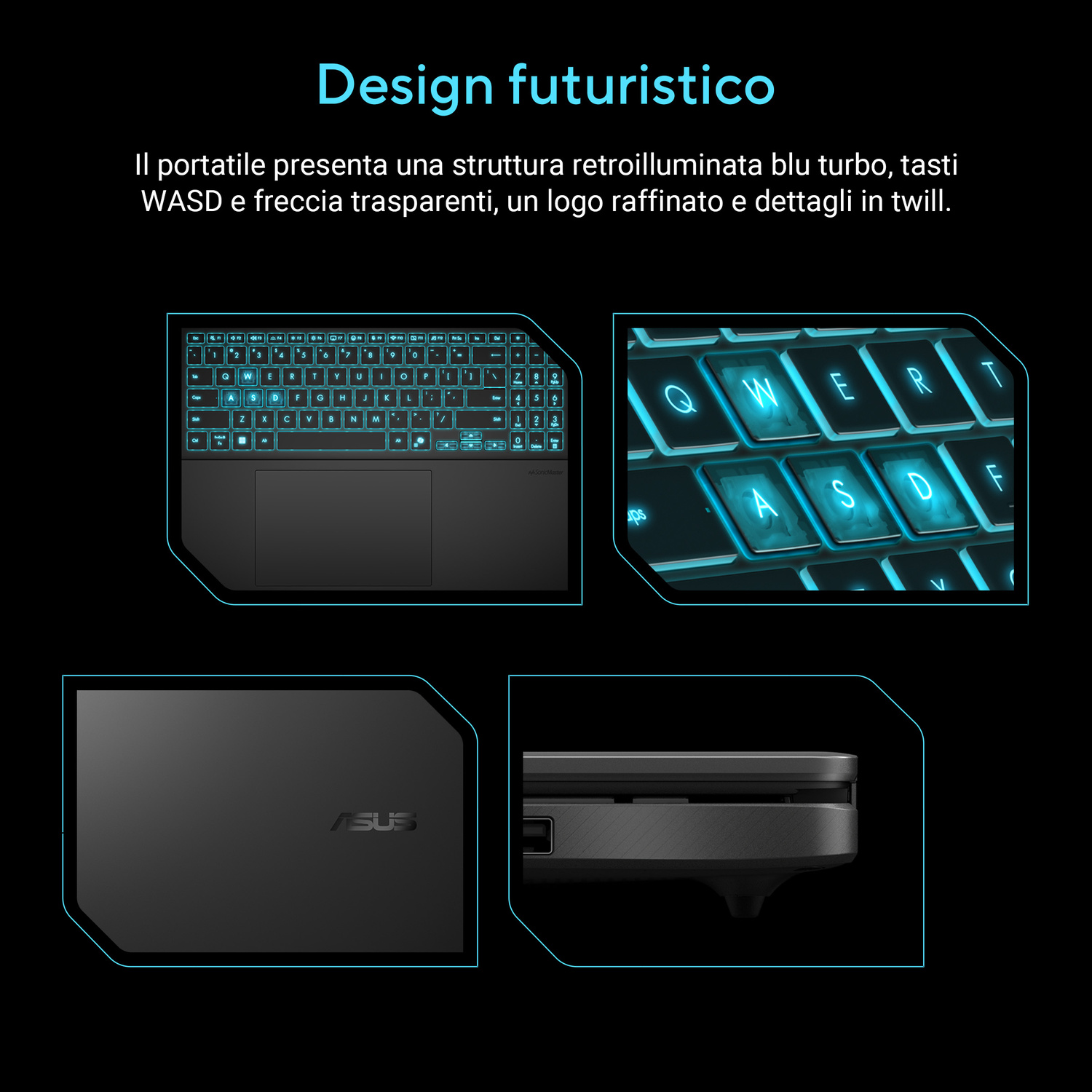 Un laptop nero con tastiera e tasti WASD retroilluminati.