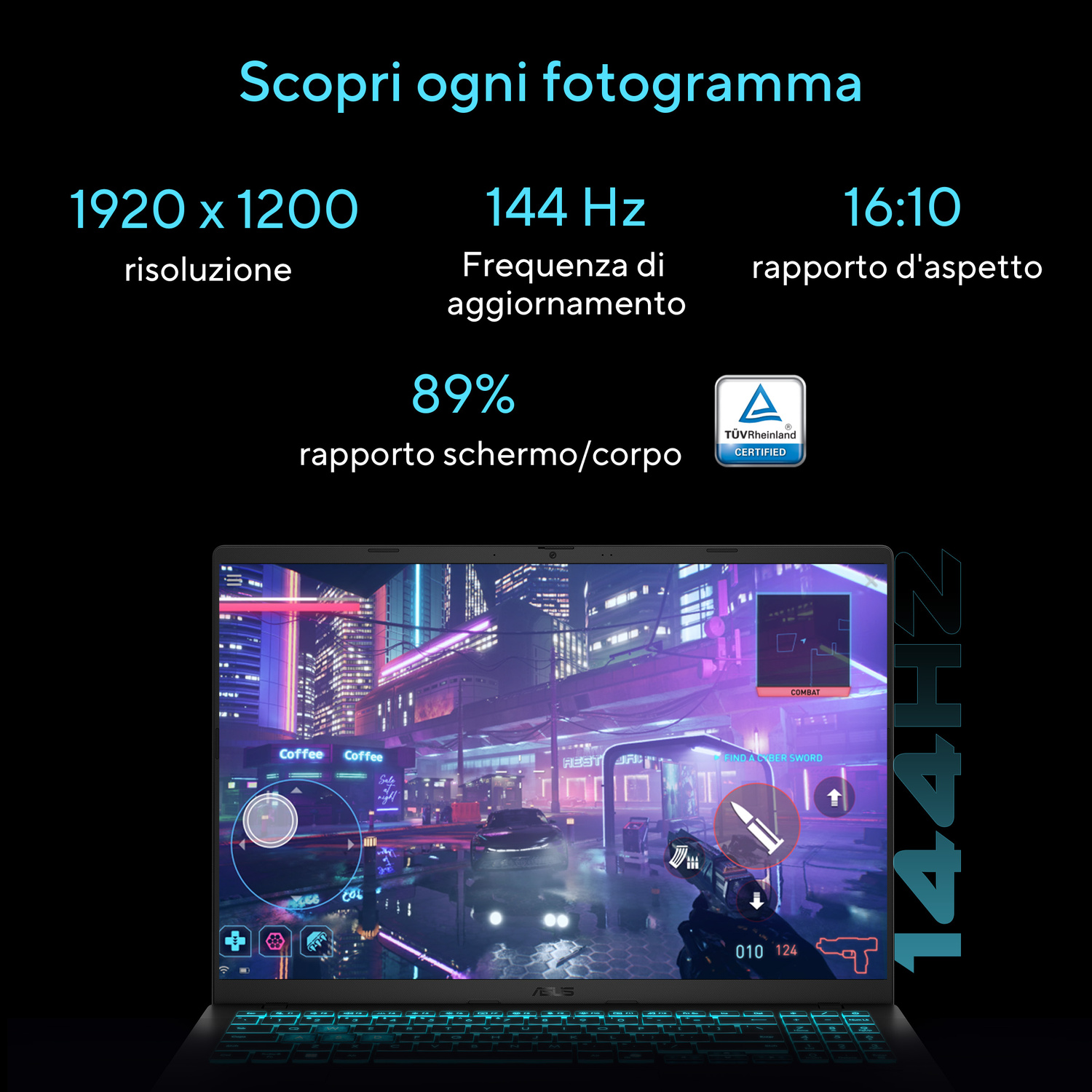 Un laptop mostra un videogioco con luci al neon, skyline cittadino e specifiche.