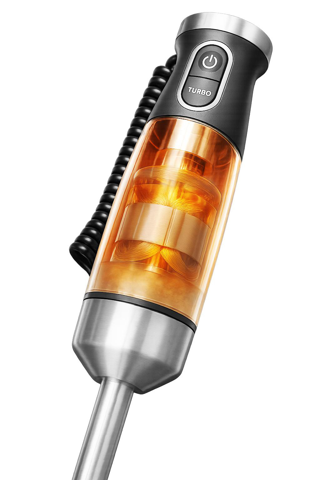 Ein transparenter Stabmixer mit sichtbarem Motor, silbernem Schaft und schwarzen Tasten.