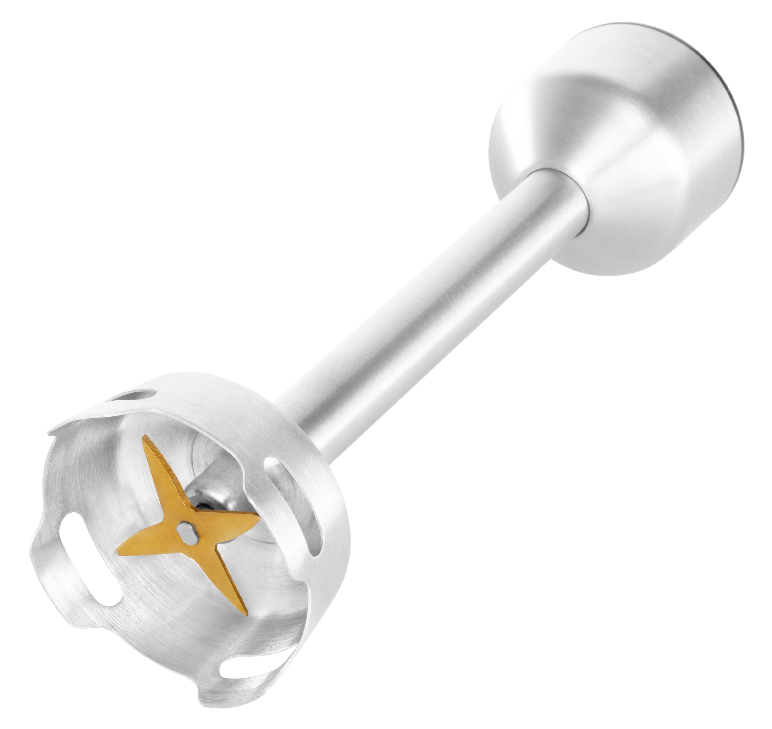 Edelstahl-Stabmixeraufsatz mit goldenen Klingen.