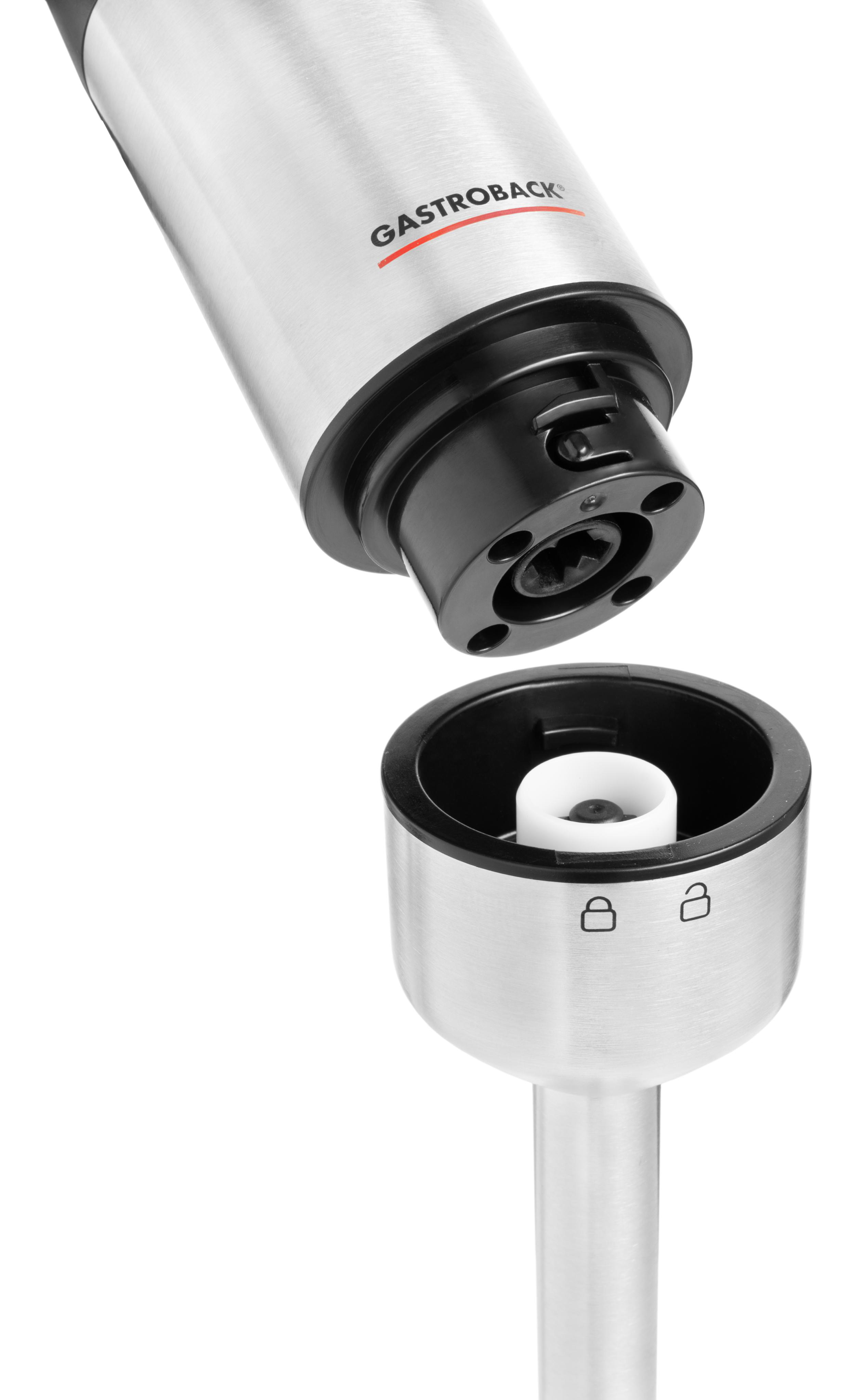 Edelstahl-Handmixer-Aufsatzteil mit schwarzen und weißen Elementen. Nahaufnahme.