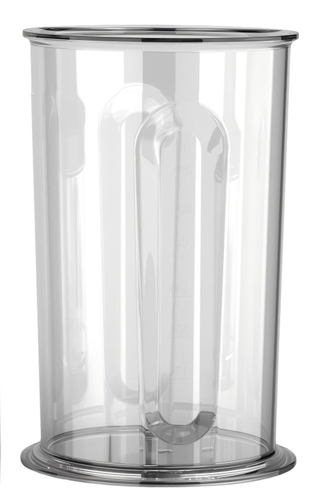 Ein transparenter Messbecher mit Messmarkierungen und silbernem Rand.