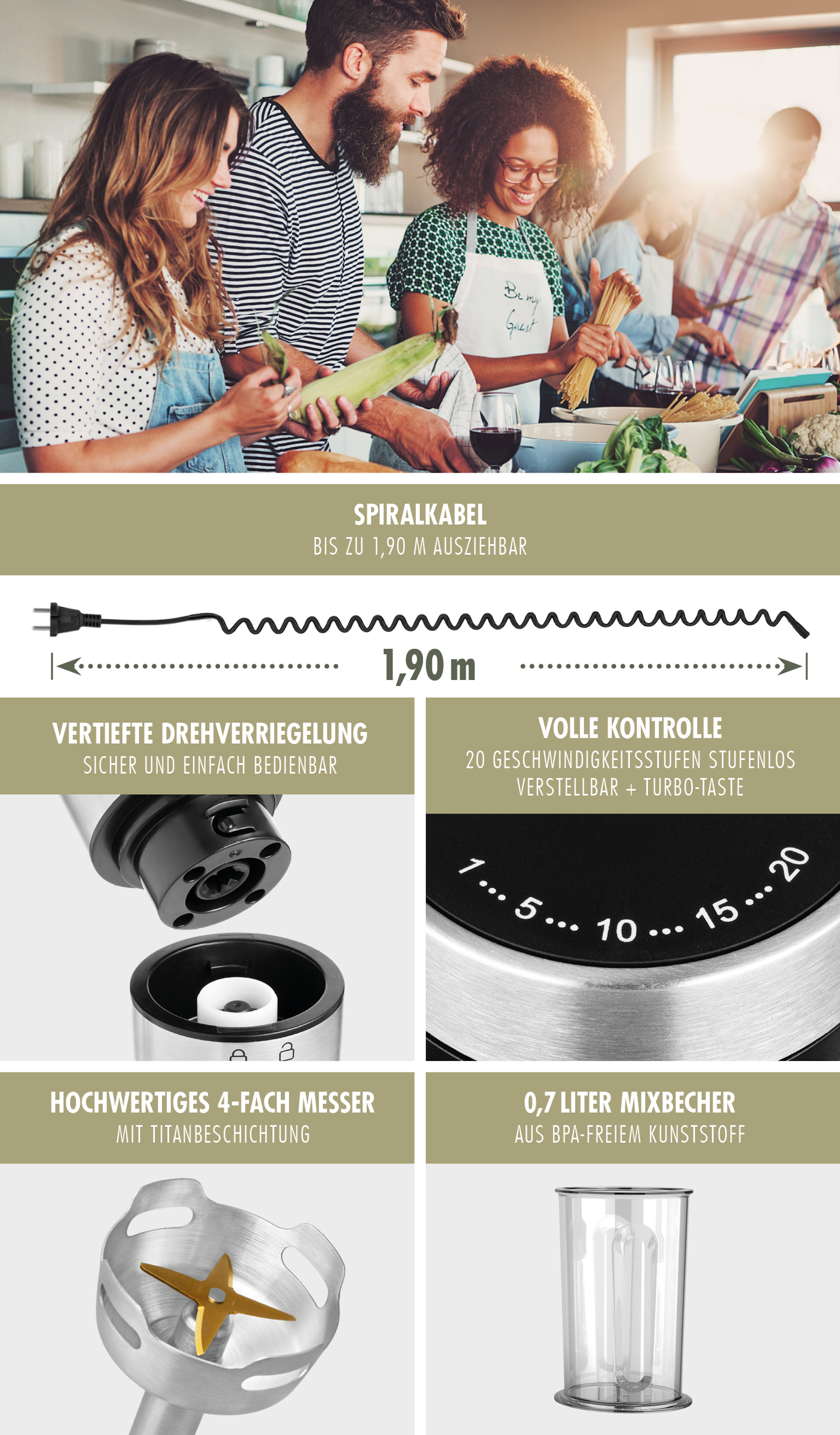 Küchengeräte: Handmixer, Spiralkabel, Messereinheit und Mixbecher.