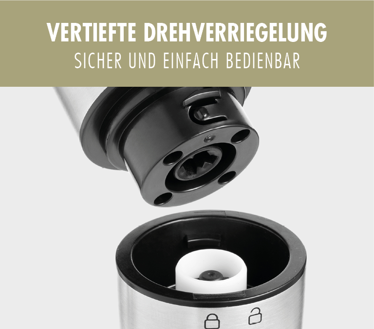 Detailaufnahme eines silbernen Mahlwerks mit schwarzem Aufsatz, der abgenommen wird.