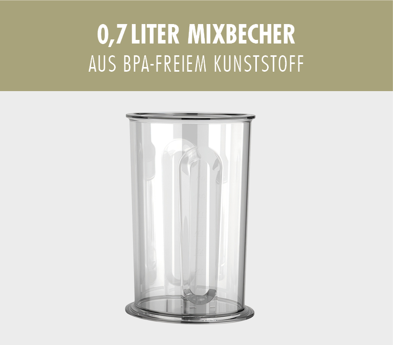 Ein transparenter 0,7-Liter-Mixbecher aus BPA-freiem Kunststoff mit silbernem Rand.