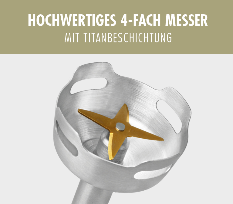 Nahaufnahme eines Messers mit vier Titan-beschichteten Klingen.