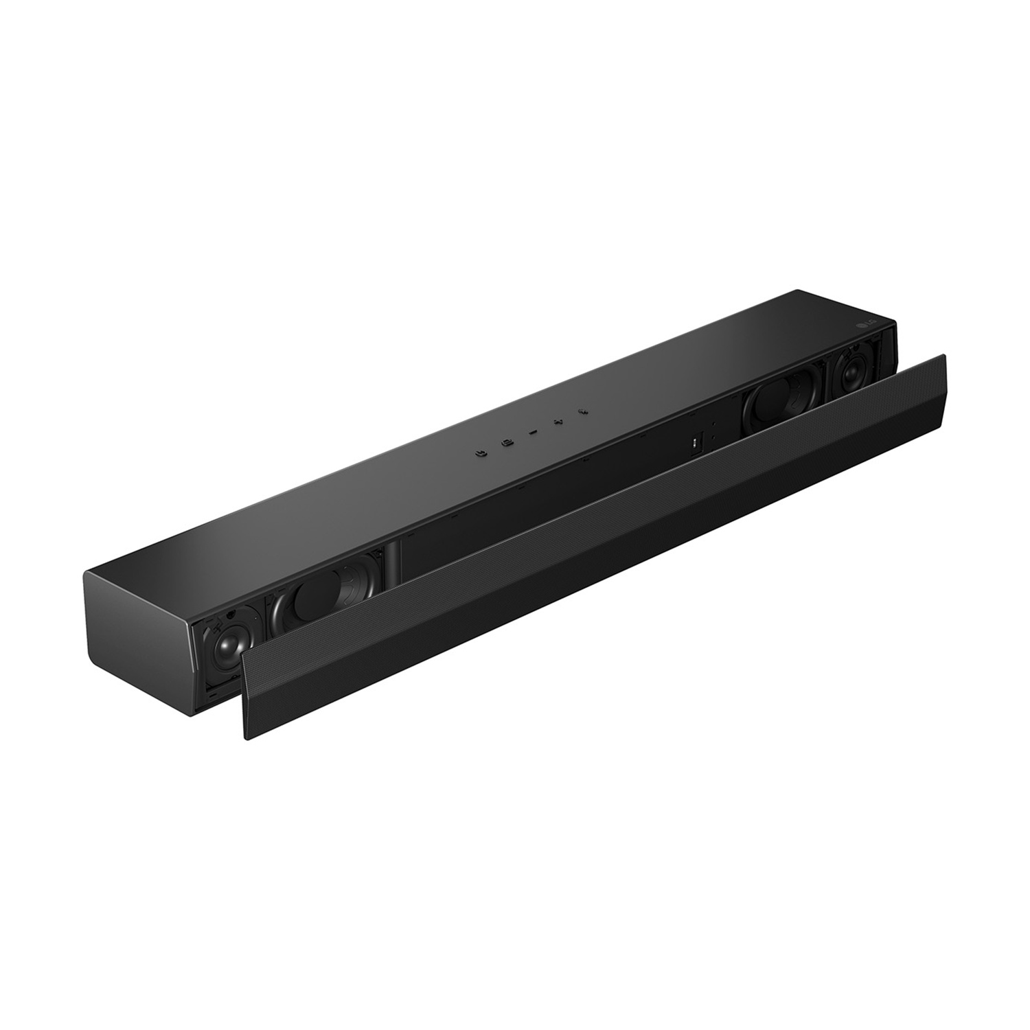 Soundbar nero con griglia frontale rimovibile e driver visibili.