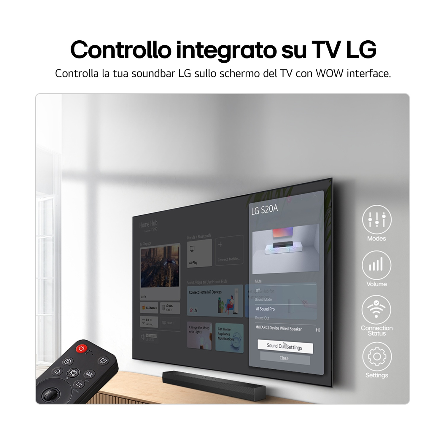 TV LG mostra interfaccia Home Hub con telecomando e soundbar.