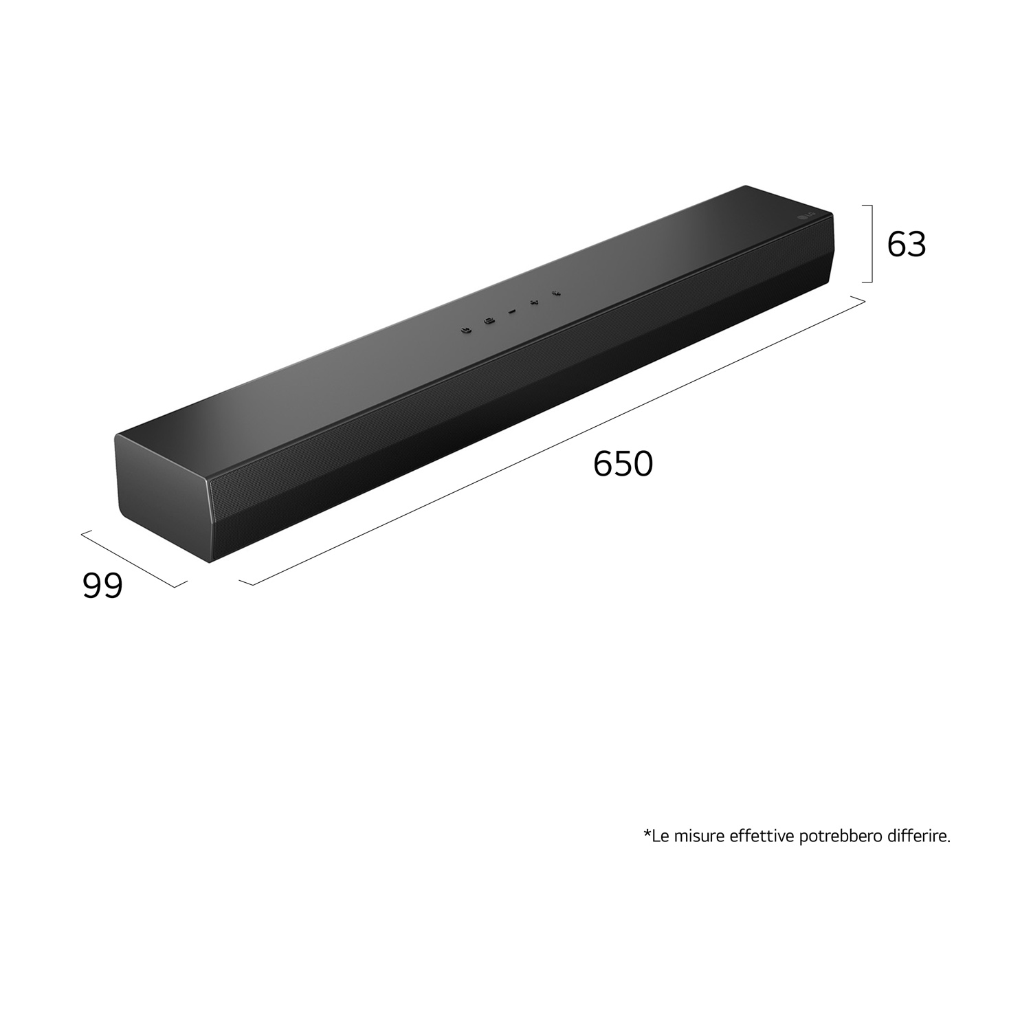 Soundbar nero con dimensioni 650x99x63mm e pulsanti.