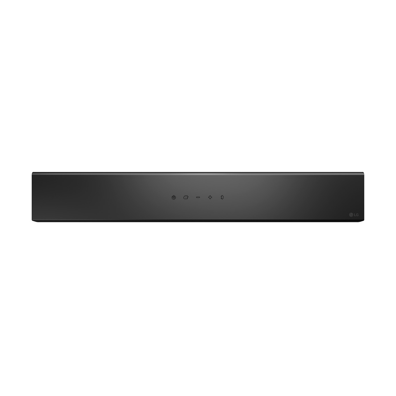 Soundbar LG nera con pulsanti di controllo e logo LG.