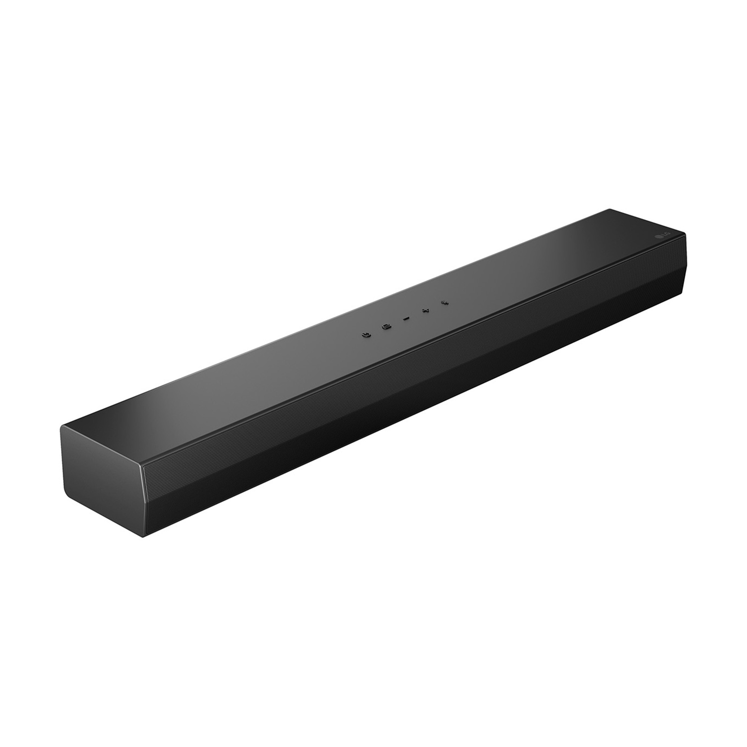 Soundbar LG nero con pulsanti sulla parte superiore, su sfondo bianco.