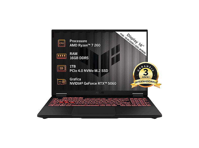 ASUS TUF Gaming A16 FA608 NOTEBOOK, 16 ", processore AMD Ryzen 7 260, NVIDIA GeForce RTX™ 5060, RAM GB, 1000 GB SSD, Grey, Windows 11 Home