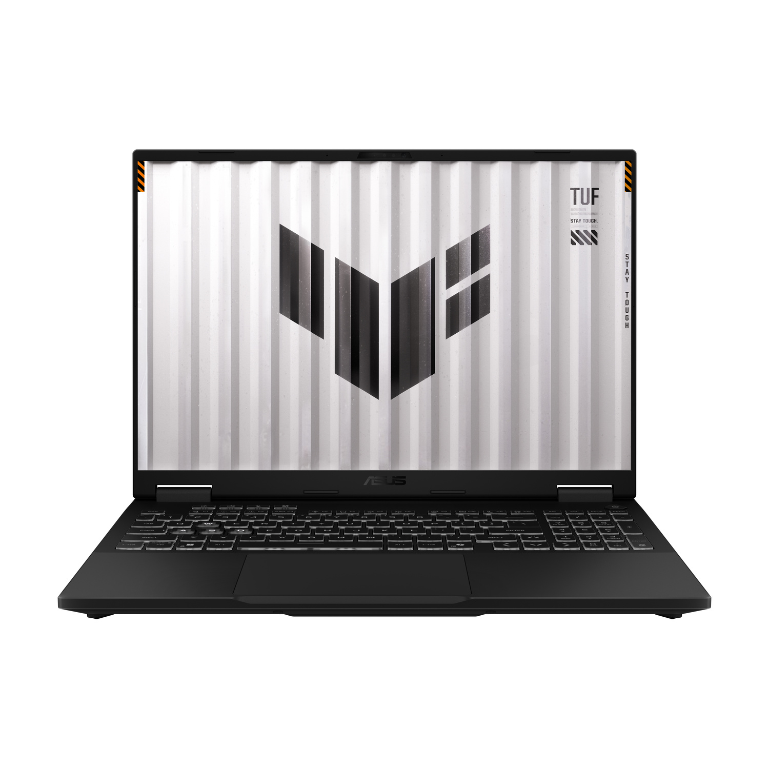 Un laptop nero con tastiera retroilluminata e logo TUF sullo schermo.