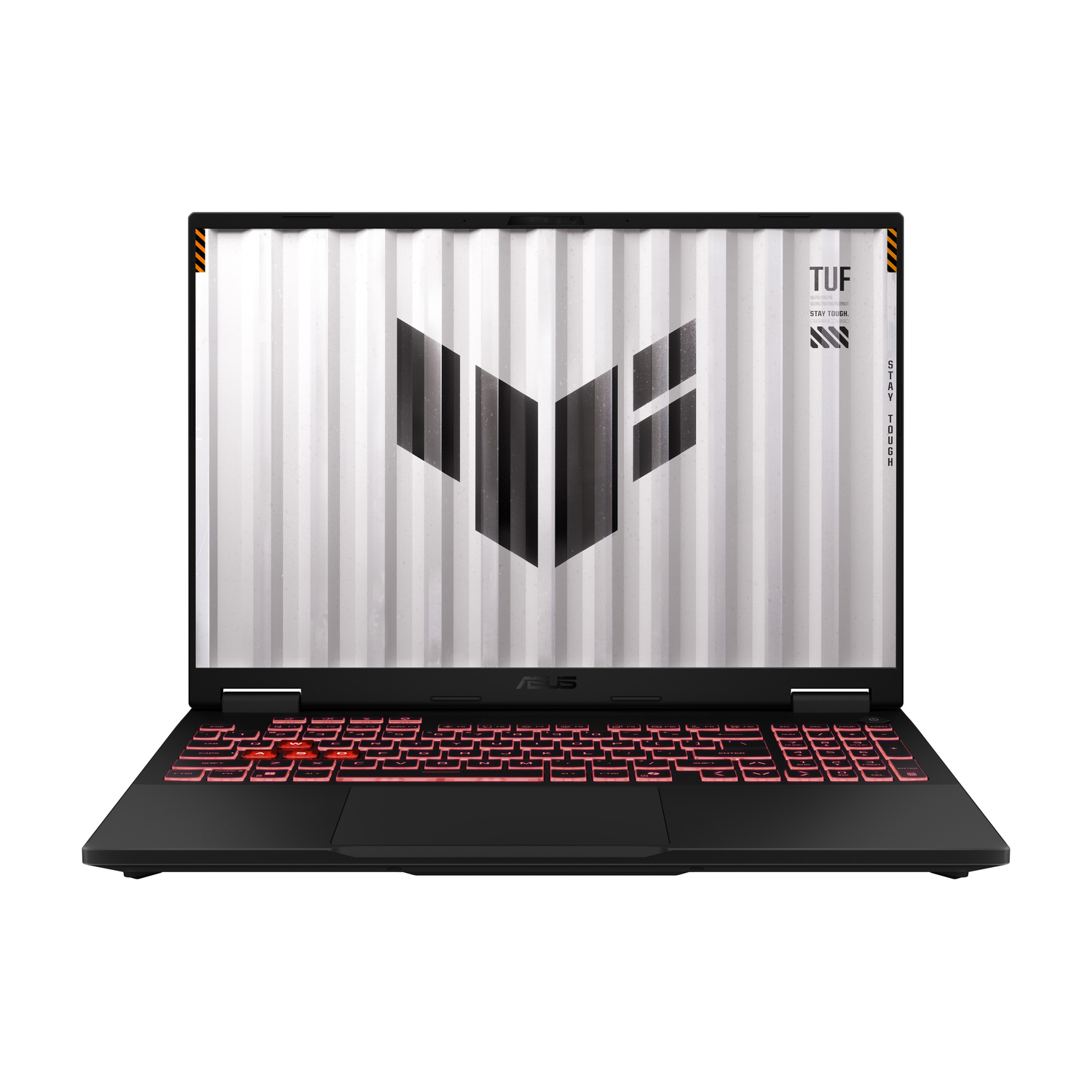 Laptop nero con retroilluminazione rossa della tastiera e logo TUF sullo schermo.