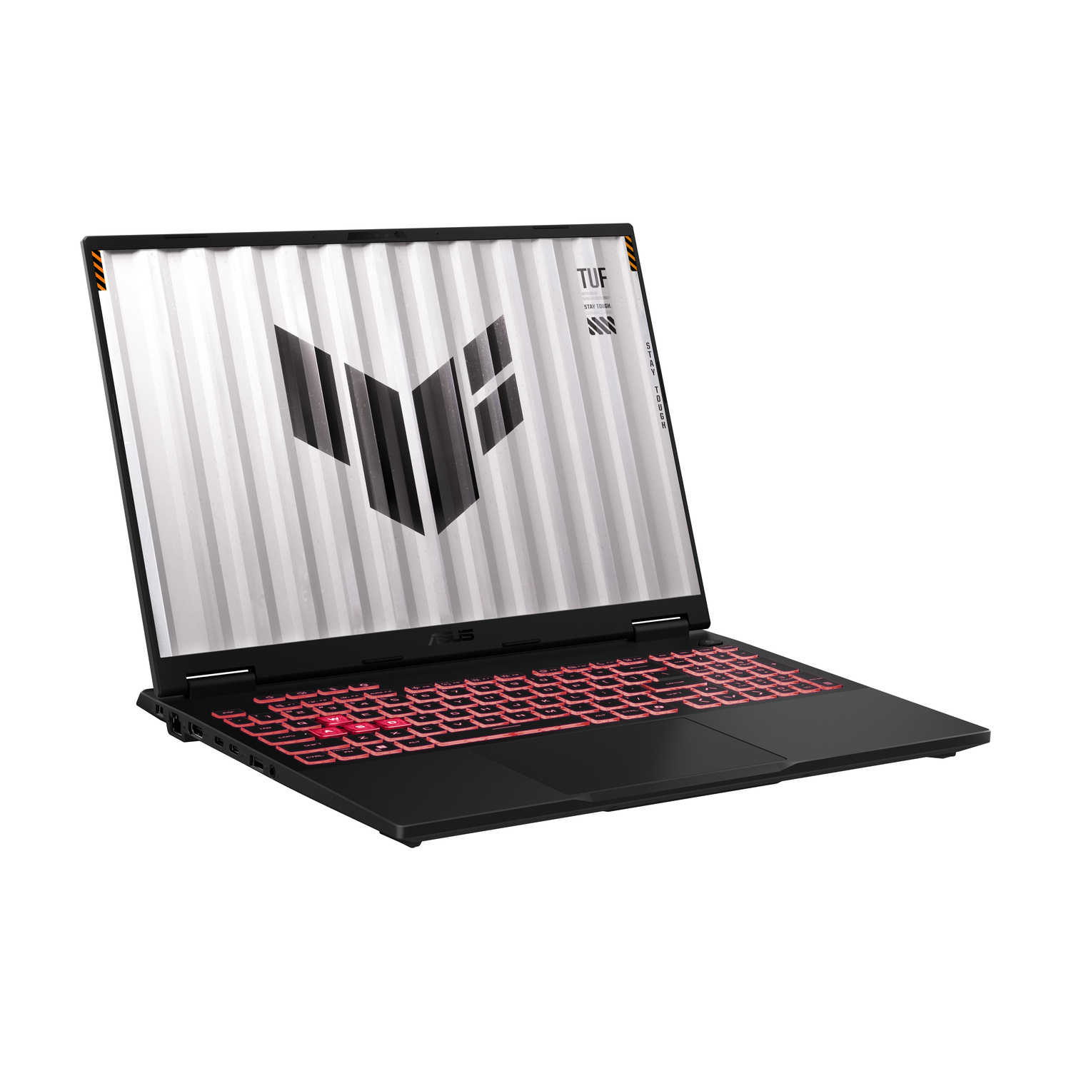 Un laptop nero aperto con tastiera rosso vivo e logo TUF sullo schermo.