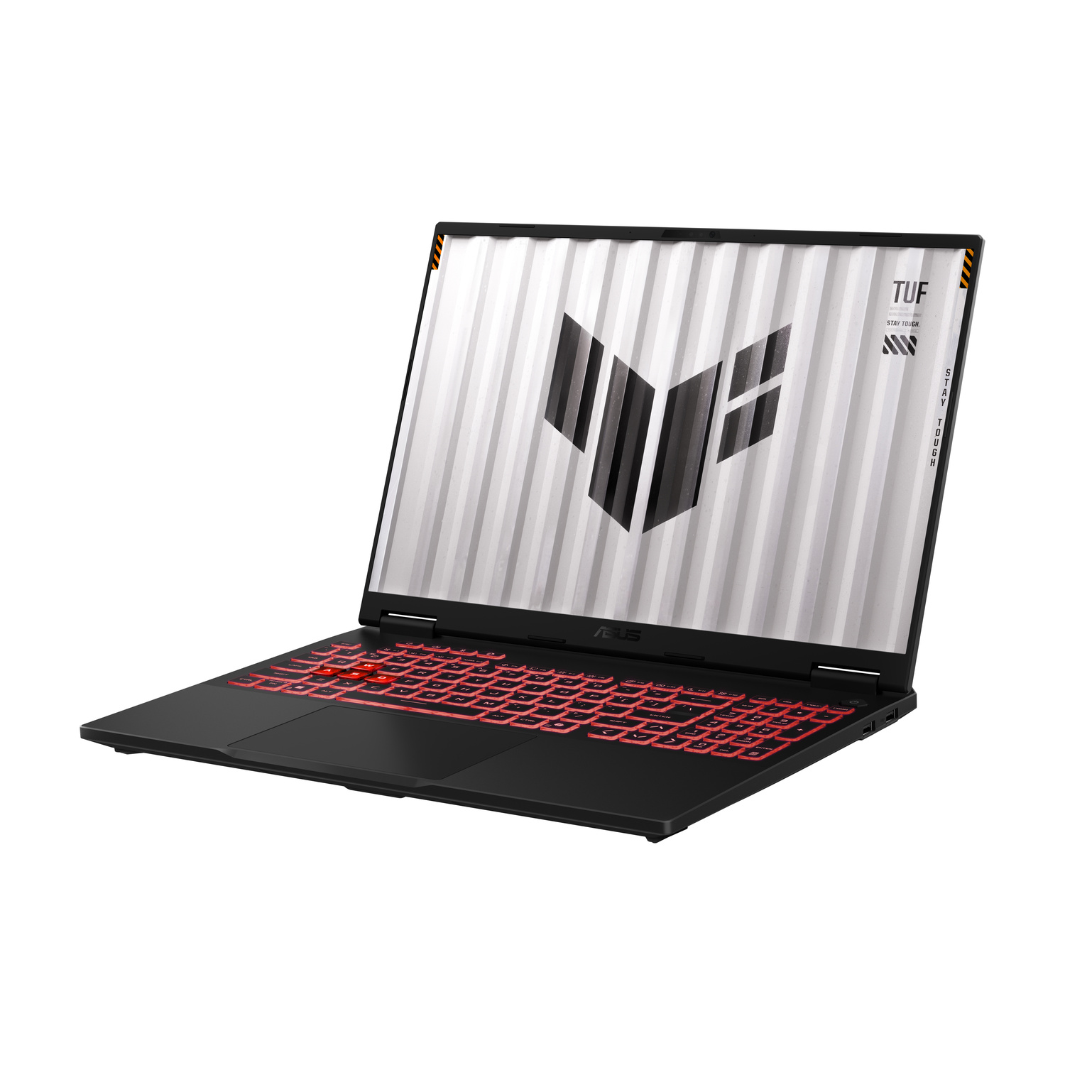 Laptop nero con illuminazione tastiera rossa e logo TUF sullo schermo.