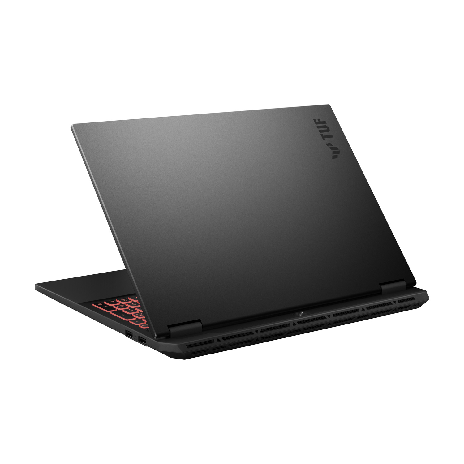 Laptop nero con tastiera illuminata e logo TUF.