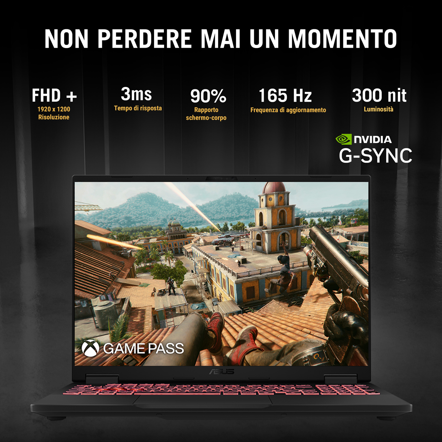 Laptop con "Game Pass" e gioco sparatutto in prima persona. Tastiera rosa illuminata.