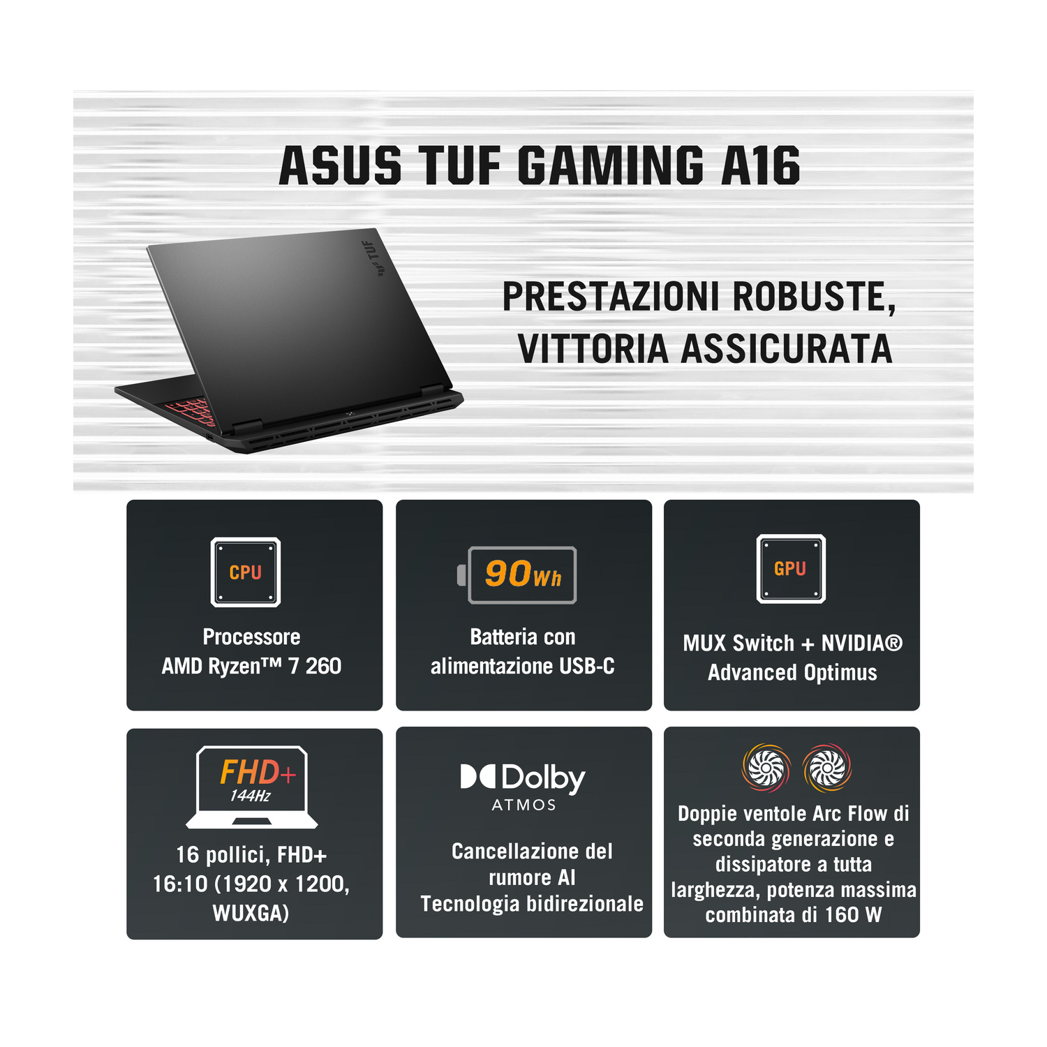 Laptop ASUS TUF Gaming A16 con CPU Ryzen 7, batteria 90Wh, display FHD+.