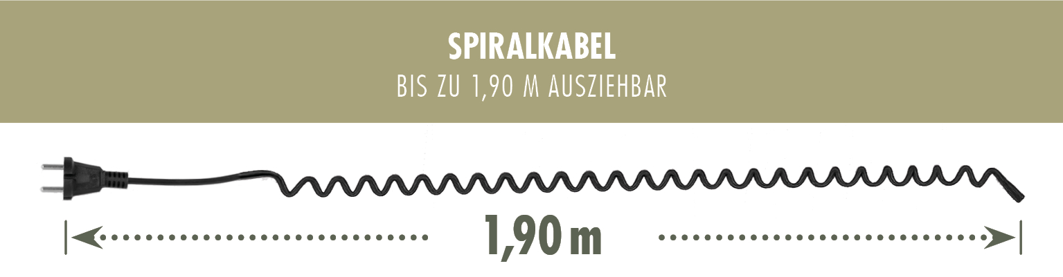 Schwarzes Spiralkabel mit Stecker, bis zu 1,90m ausziehbar.