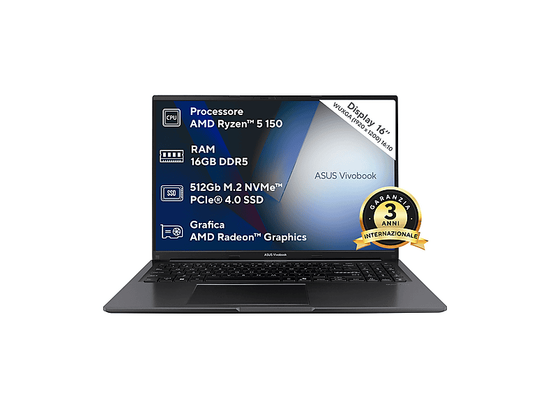 ASUS Vivobook 16 M1605 NOTEBOOK, ", processore AMD Ryzen 5 150, Radeon™ Onboard Graphics, RAM GB, 512 GB SSD, Black, Windows 11 Home