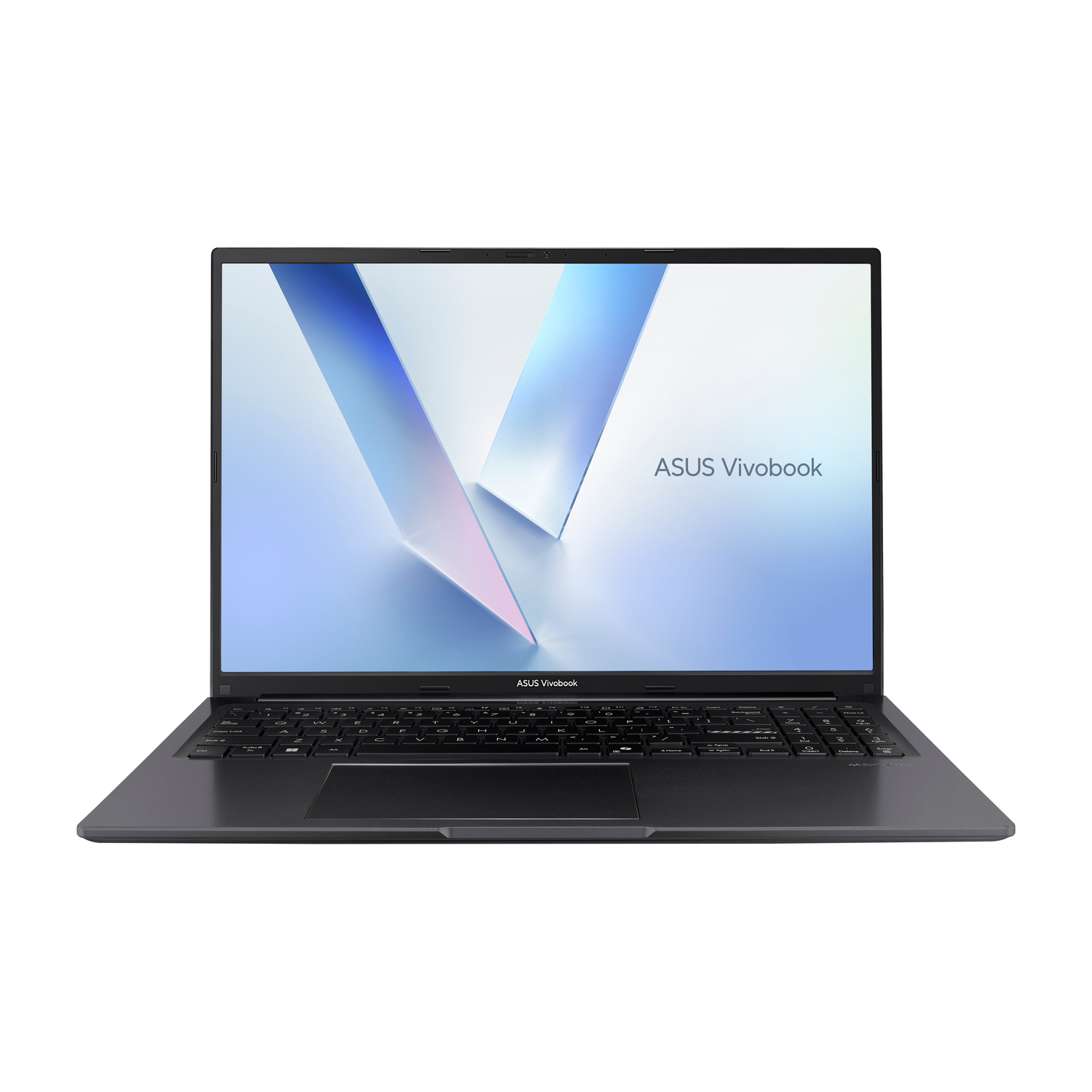 Laptop grigio scuro, aperto, con "ASUS Vivobook" sullo schermo.