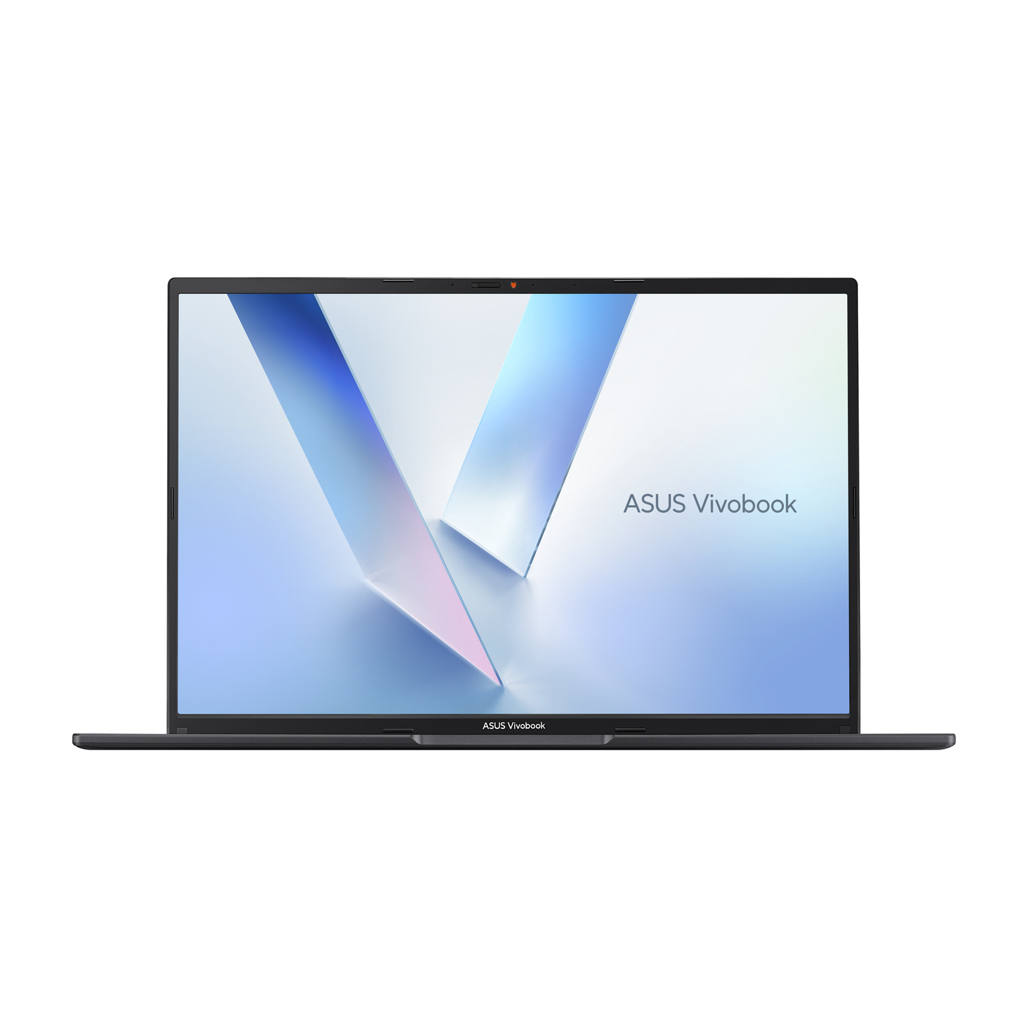 Un laptop Asus Vivobook grigio scuro è aperto, mostra uno sfondo astratto blu e bianco.