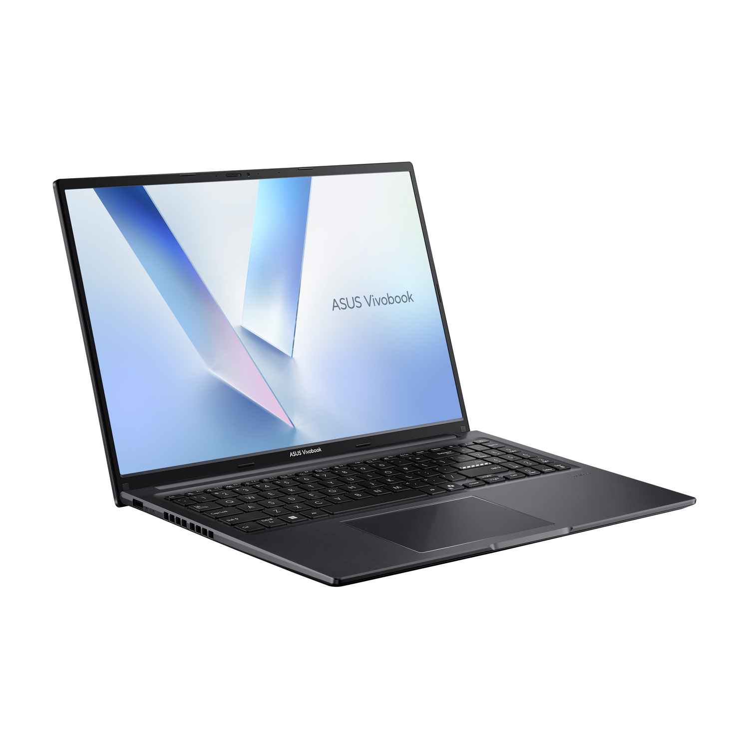 Un laptop ASUS Vivobook scuro con tastiera e schermo retroilluminati.