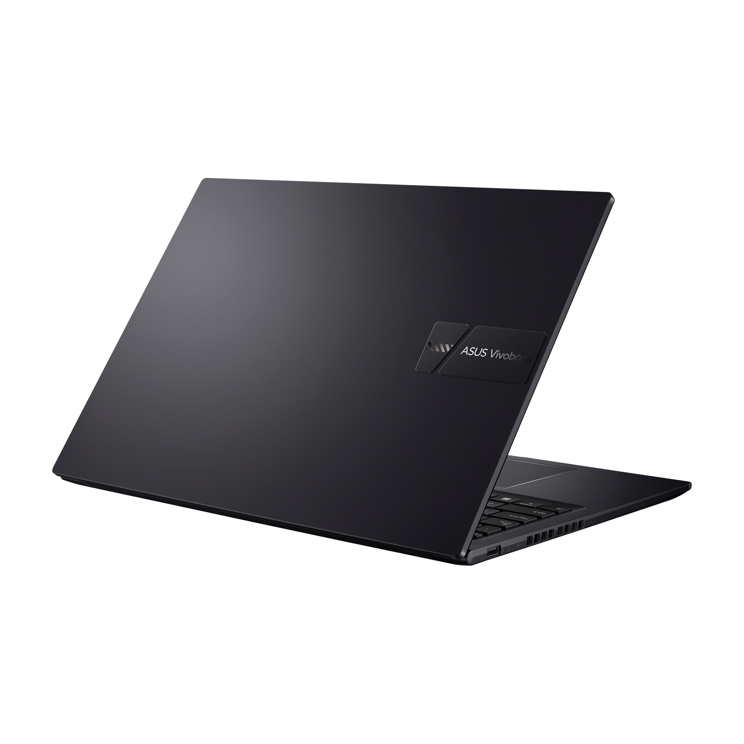 Laptop Asus Vivobook nero, visto da dietro a sinistra, con tastiera illuminata.