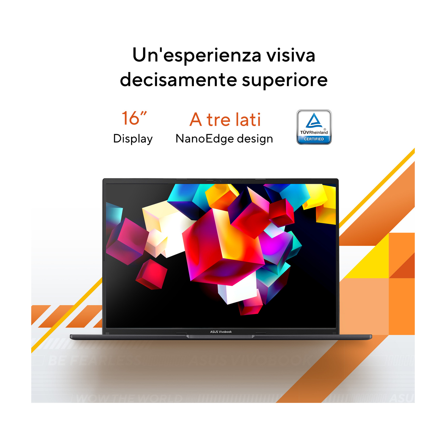 Un laptop ASUS Vivobook con display da 16 pollici e design NanoEdge su sfondo geometrico.